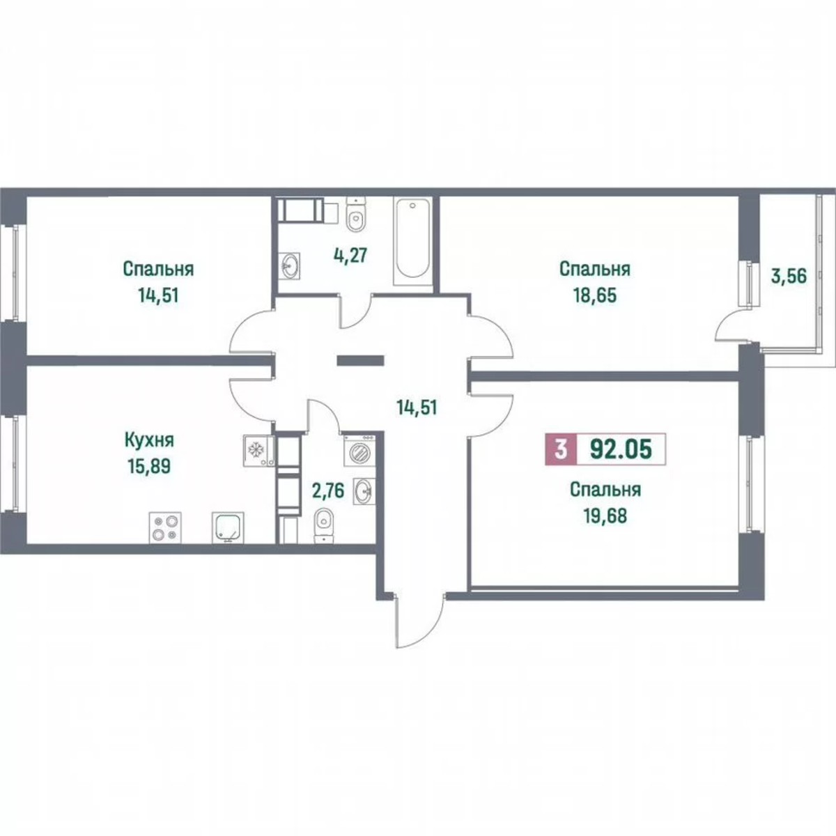 3-к. квартира, 92,1 м², 5/16 эт.