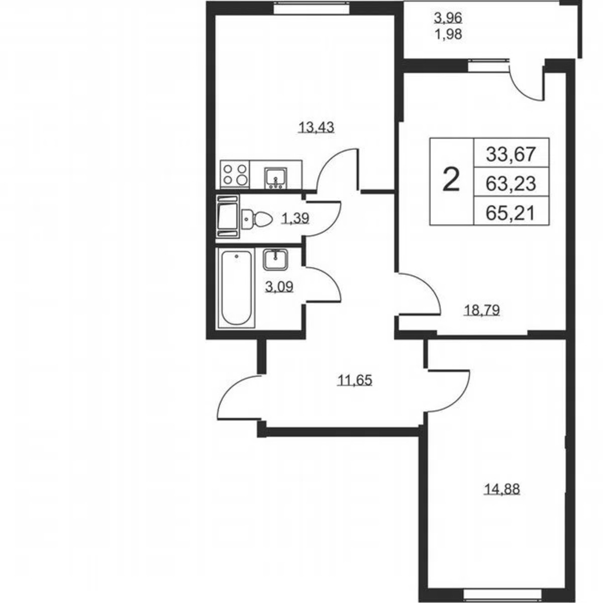 2-к. квартира, 65,2 м², 8/19 эт.
