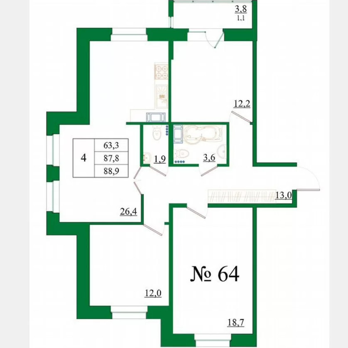 4-к. квартира, 88,9 м², 8/8 эт.