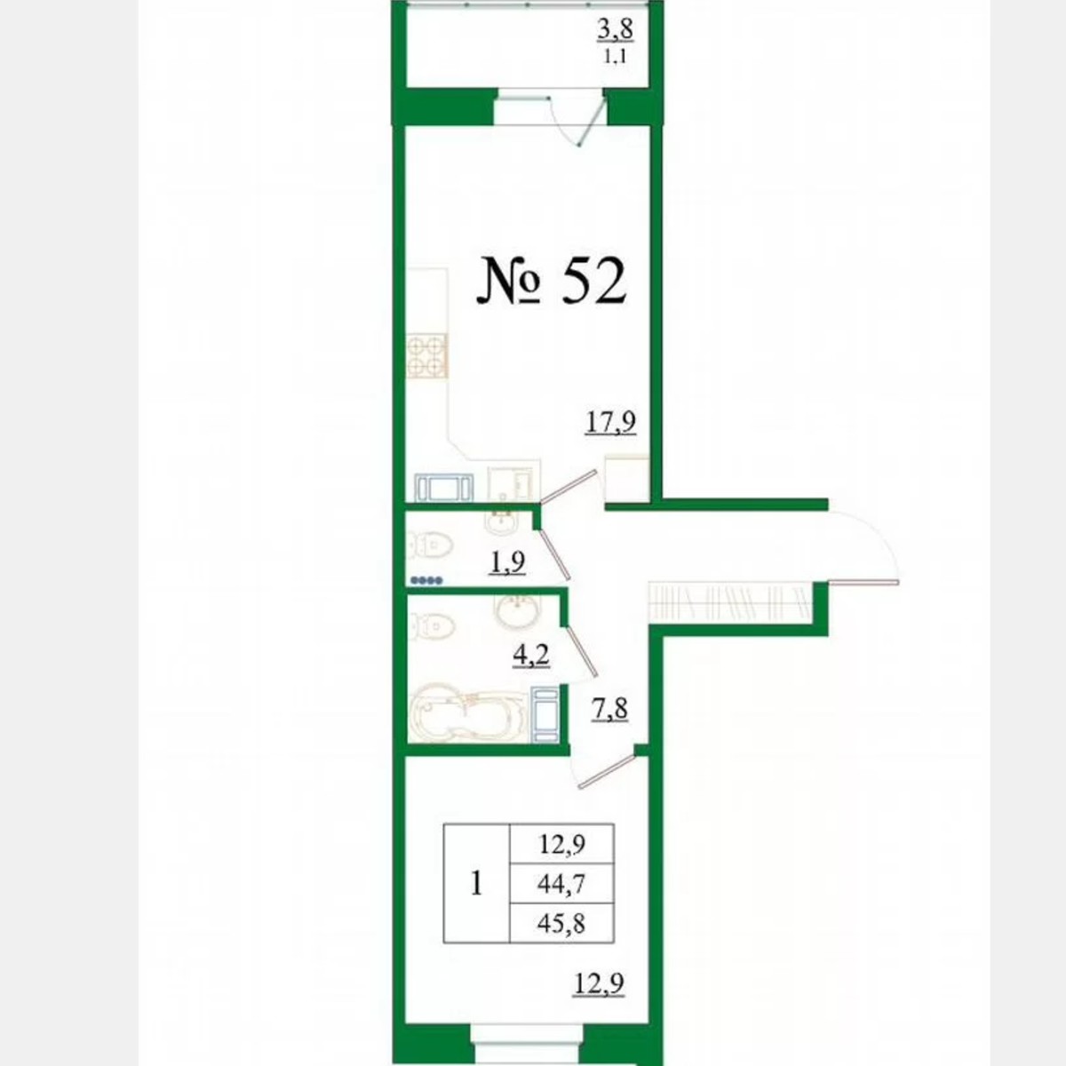 1-к. квартира, 45,8 м², 6/8 эт.