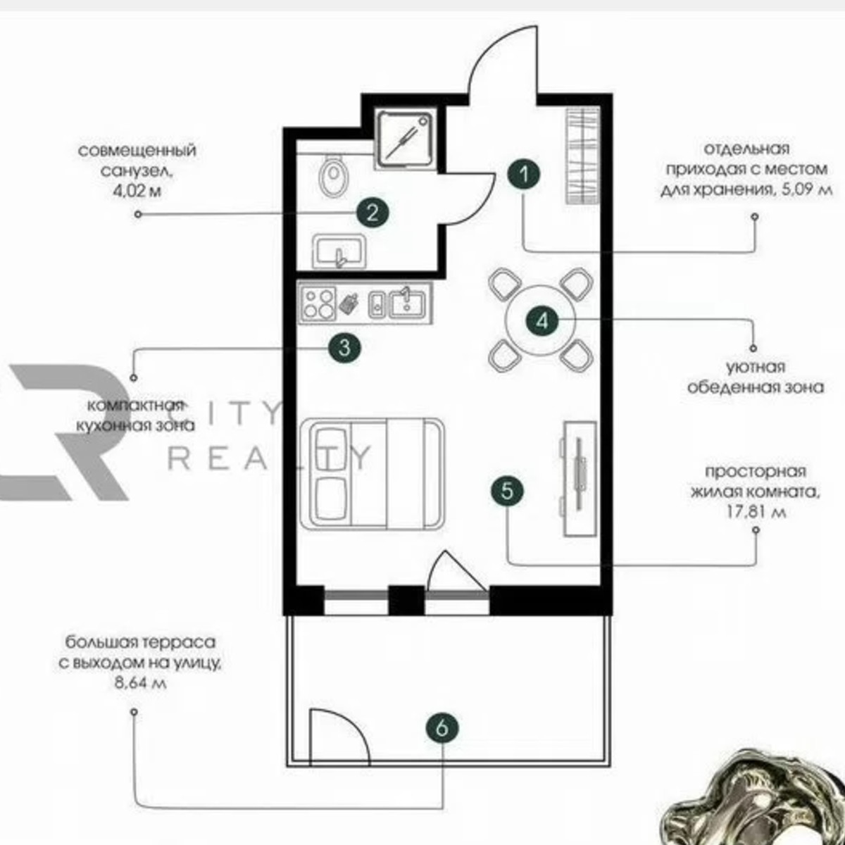 Апартаменты-студия, 33,4 м², 6/6 эт.