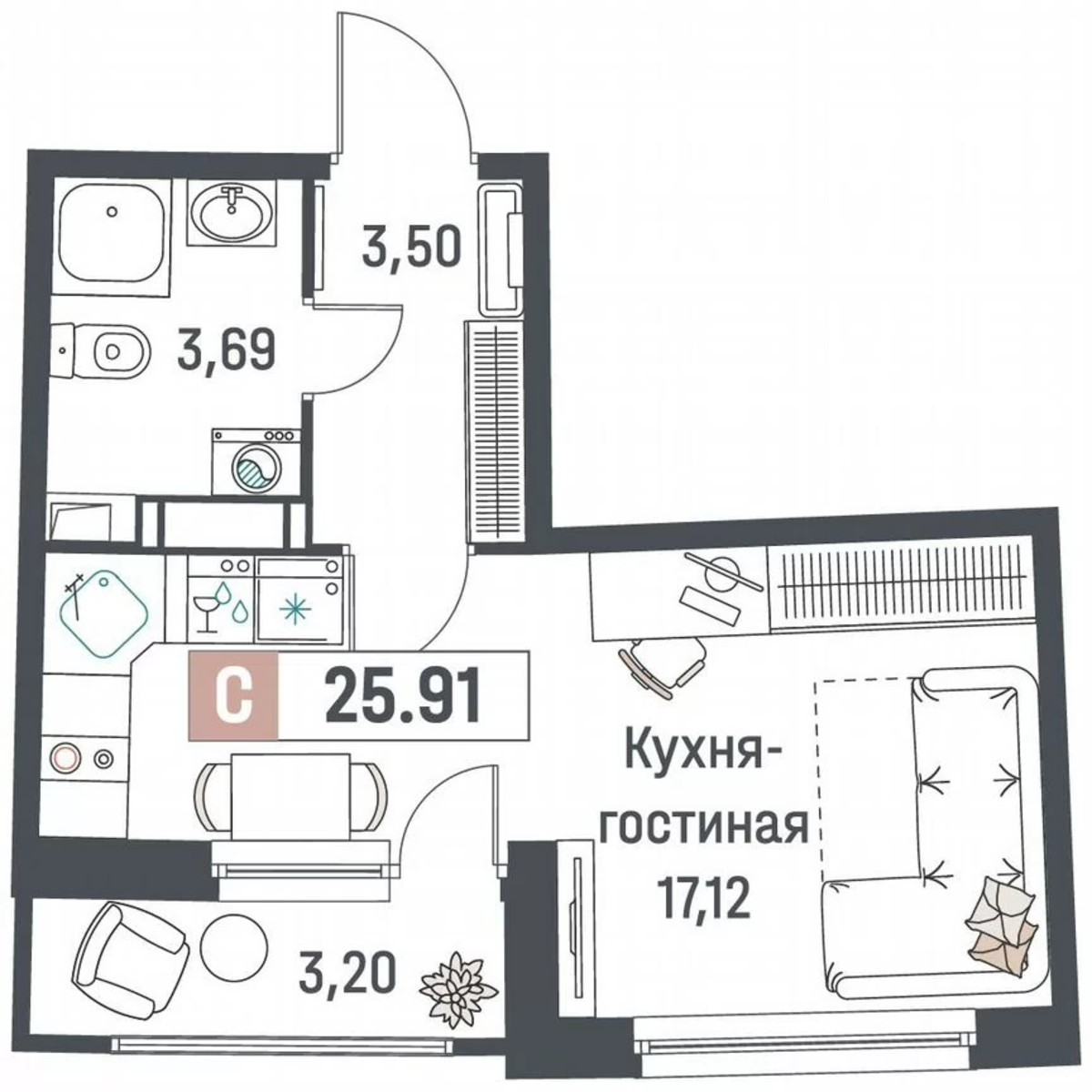 Квартира-студия, 25,9 м², 13/18 эт.