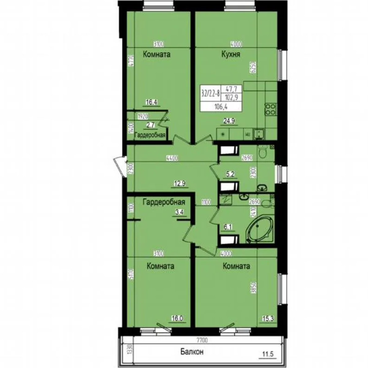 3-к. квартира, 106,4 м², 8/23 эт.