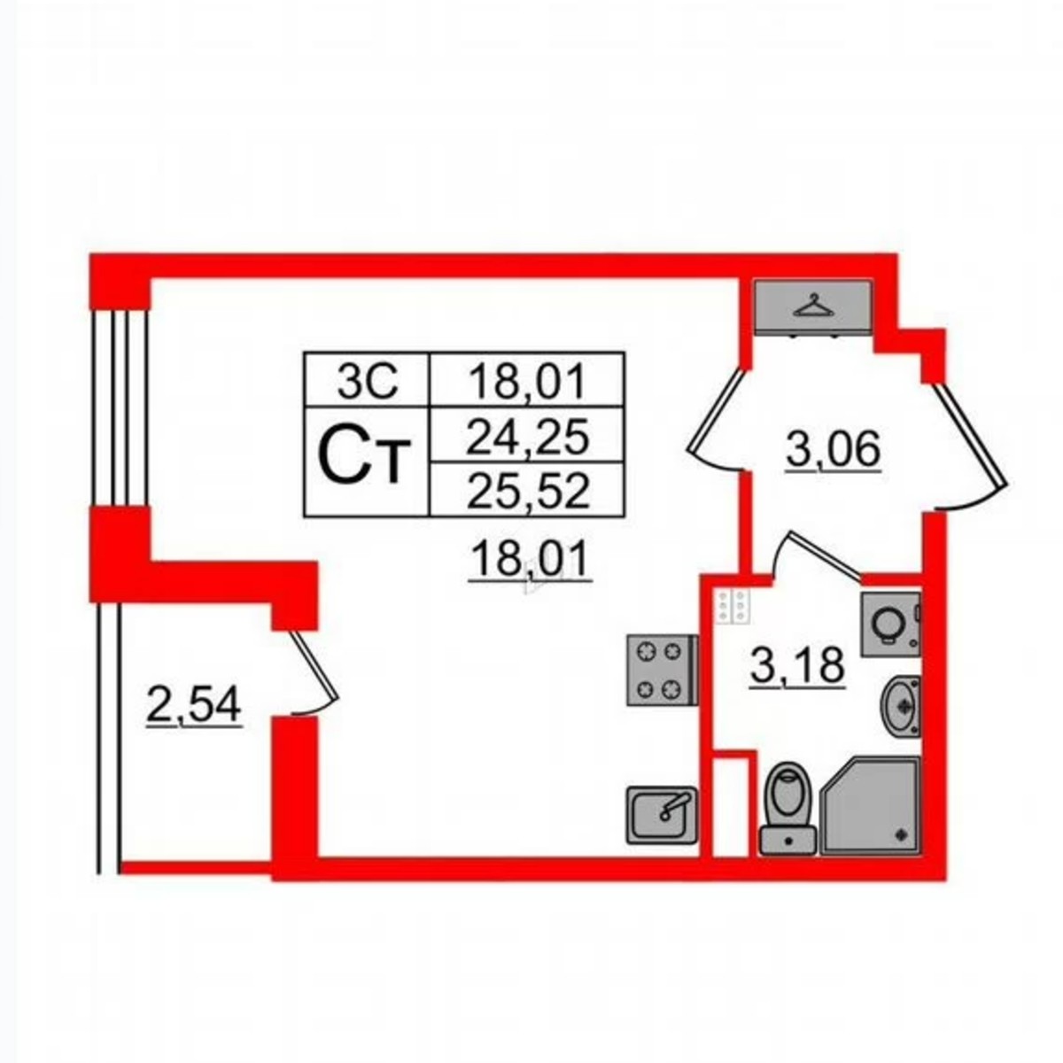 Квартира-студия, 24,3 м², 2/5 эт.