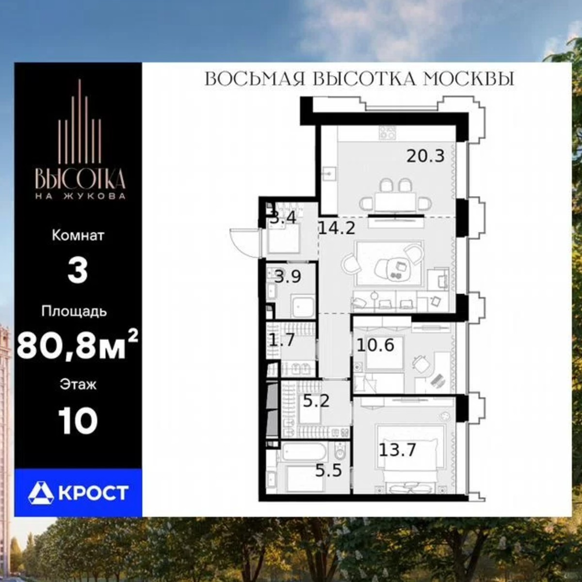 3-к. квартира, 80,8 м², 10/46 эт.
