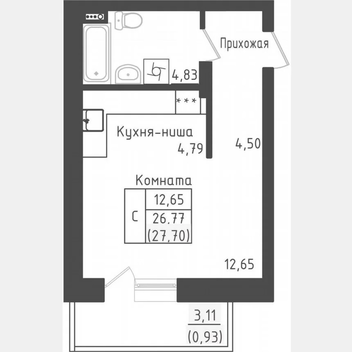 Квартира-студия, 27,7 м², 1/5 эт.