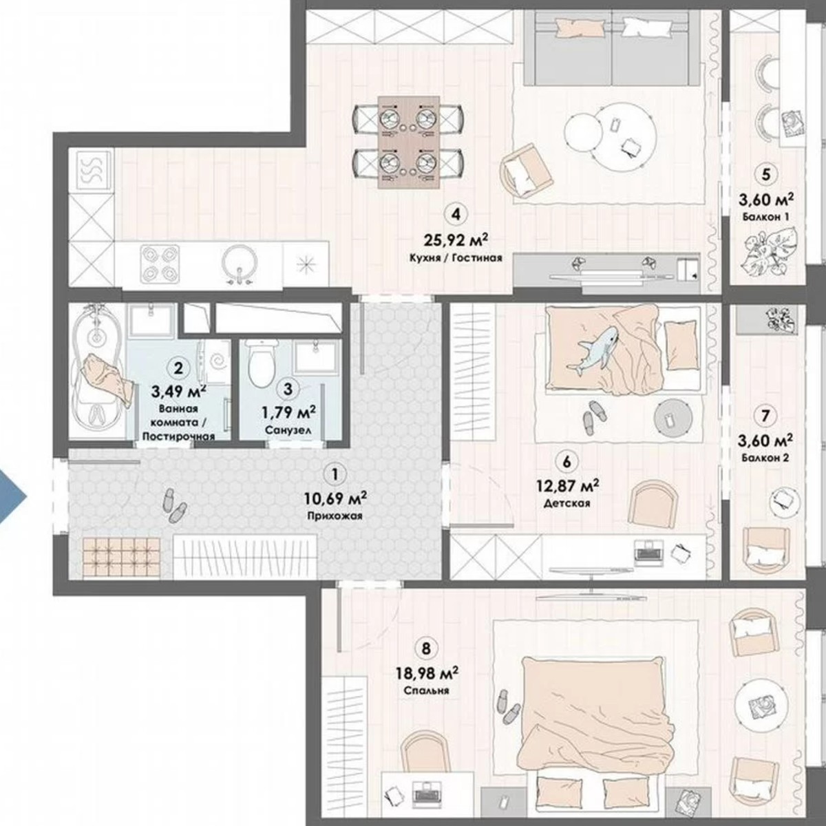 2-к. квартира, 73,7 м², 8/23 эт.