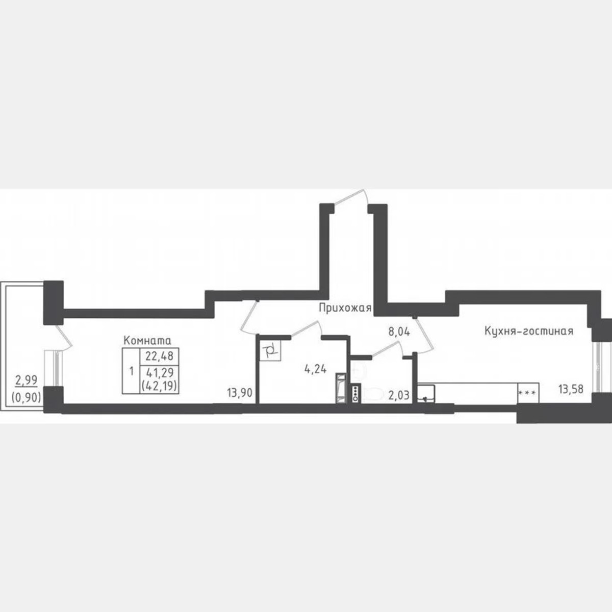 1-к. квартира, 42,2 м², 3/5 эт.
