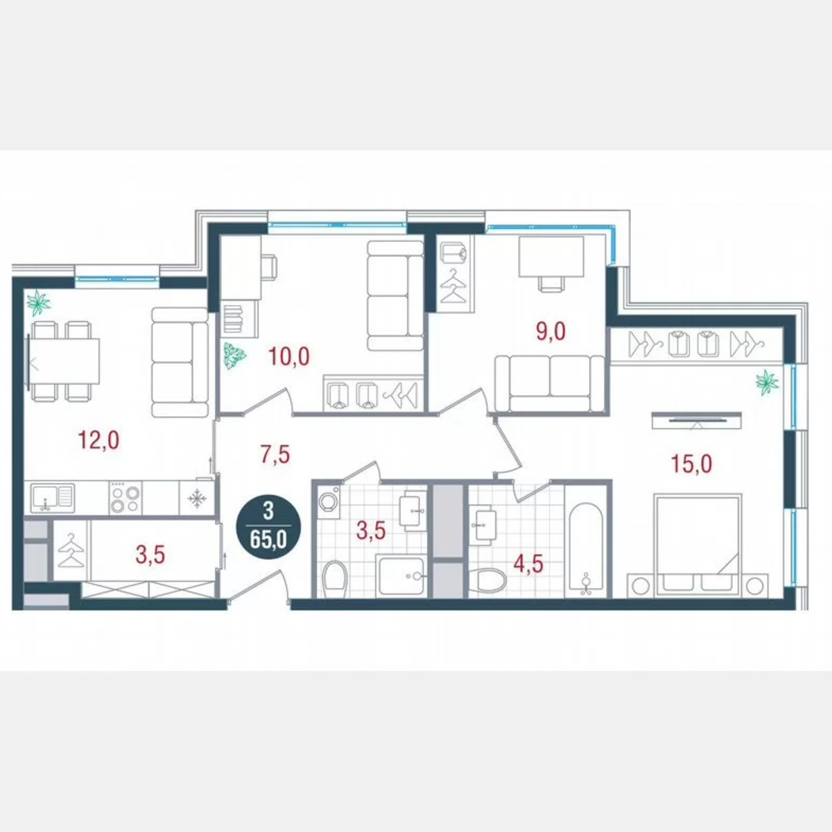 3-к. квартира, 65 м², 21/26 эт.