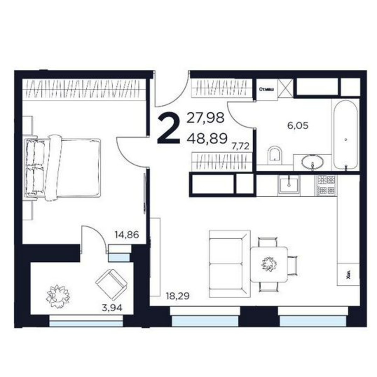 2-к. квартира, 48,9 м², 11/15 эт.