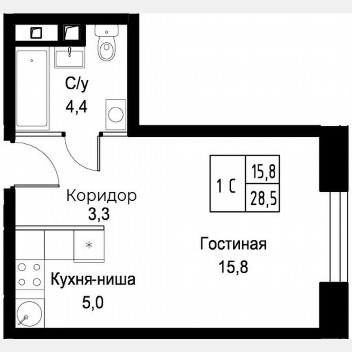 Апартаменты-студия, 28,5 м², 24/30 эт.