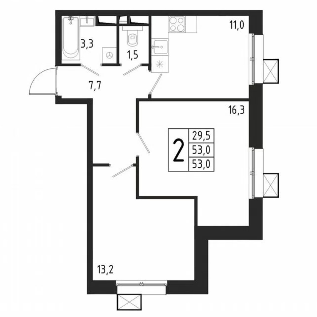 2-к. квартира, 53 м², 1/10 эт.
