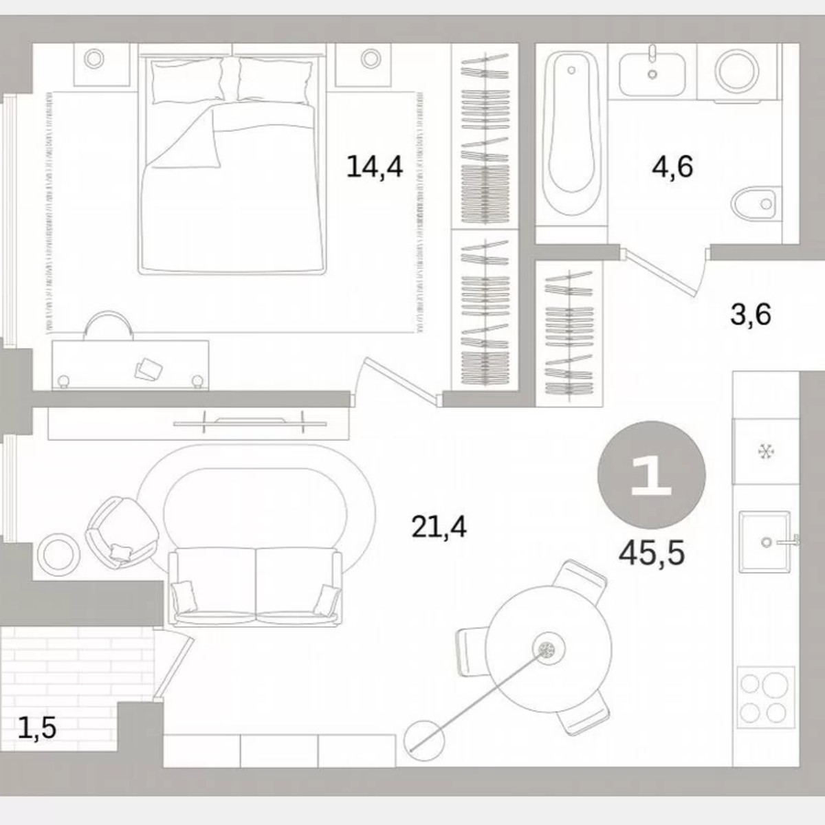 1-к. квартира, 45,1 м², 3/16 эт.