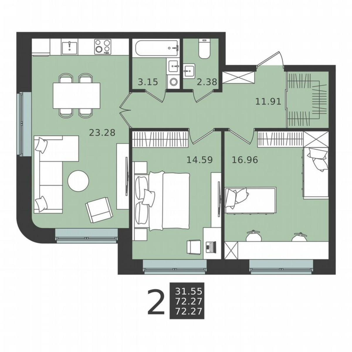 2-к. квартира, 72,3 м², 1/6 эт.