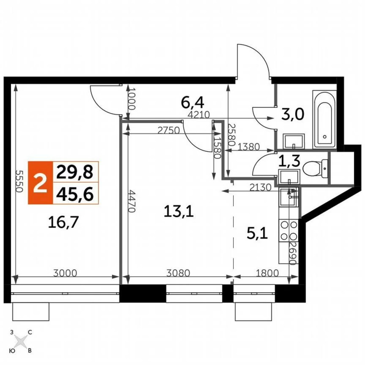 1-к. квартира, 45,6 м², 10/10 эт.
